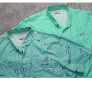 Lot of 2 Ocean Coast Men's XXL Fishing Shirts Mint Green Fish Print Short Sleeve